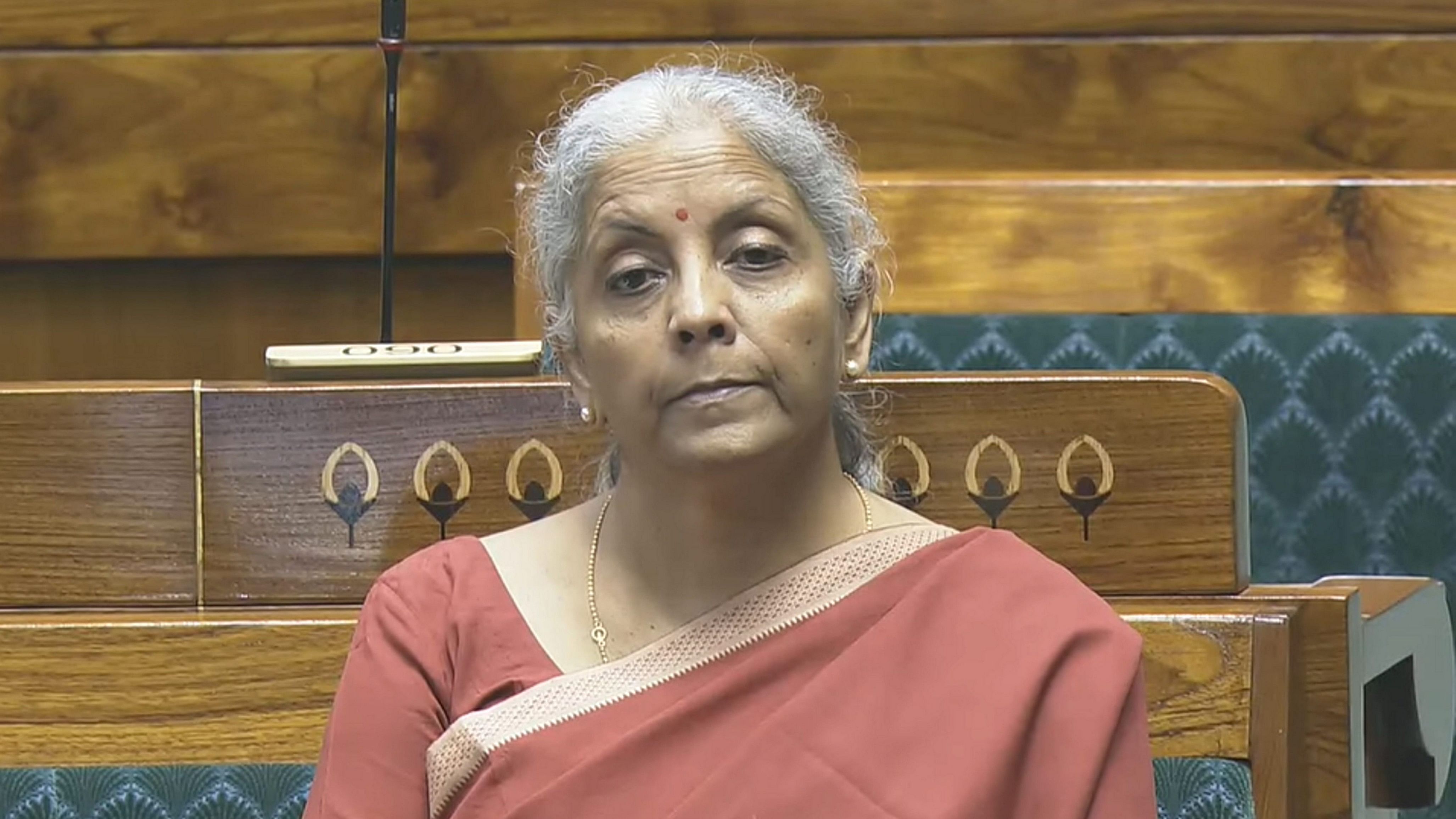 <div class="paragraphs"><p>Union Finance Minister Nirmala Sitharaman in the Lok Sabha during the Monsoon session of Parliament, in New Delhi.</p></div>